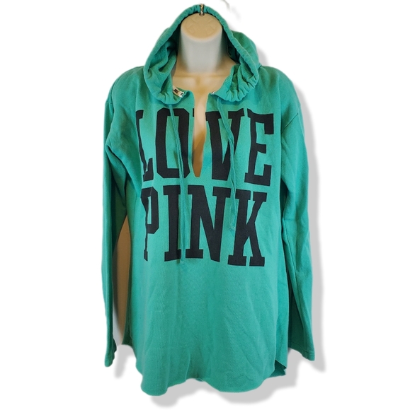 Victorias Secret LOVE Pink Mint Green Hoodie Size S Womens Drawstring Raw Hem - Picture 1 of 7